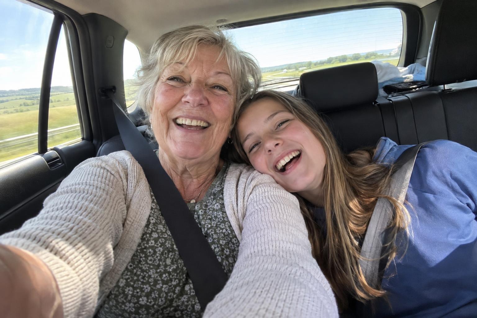 A grandmother and her granddaughter squeezed into a selfie in the back seat of a car.